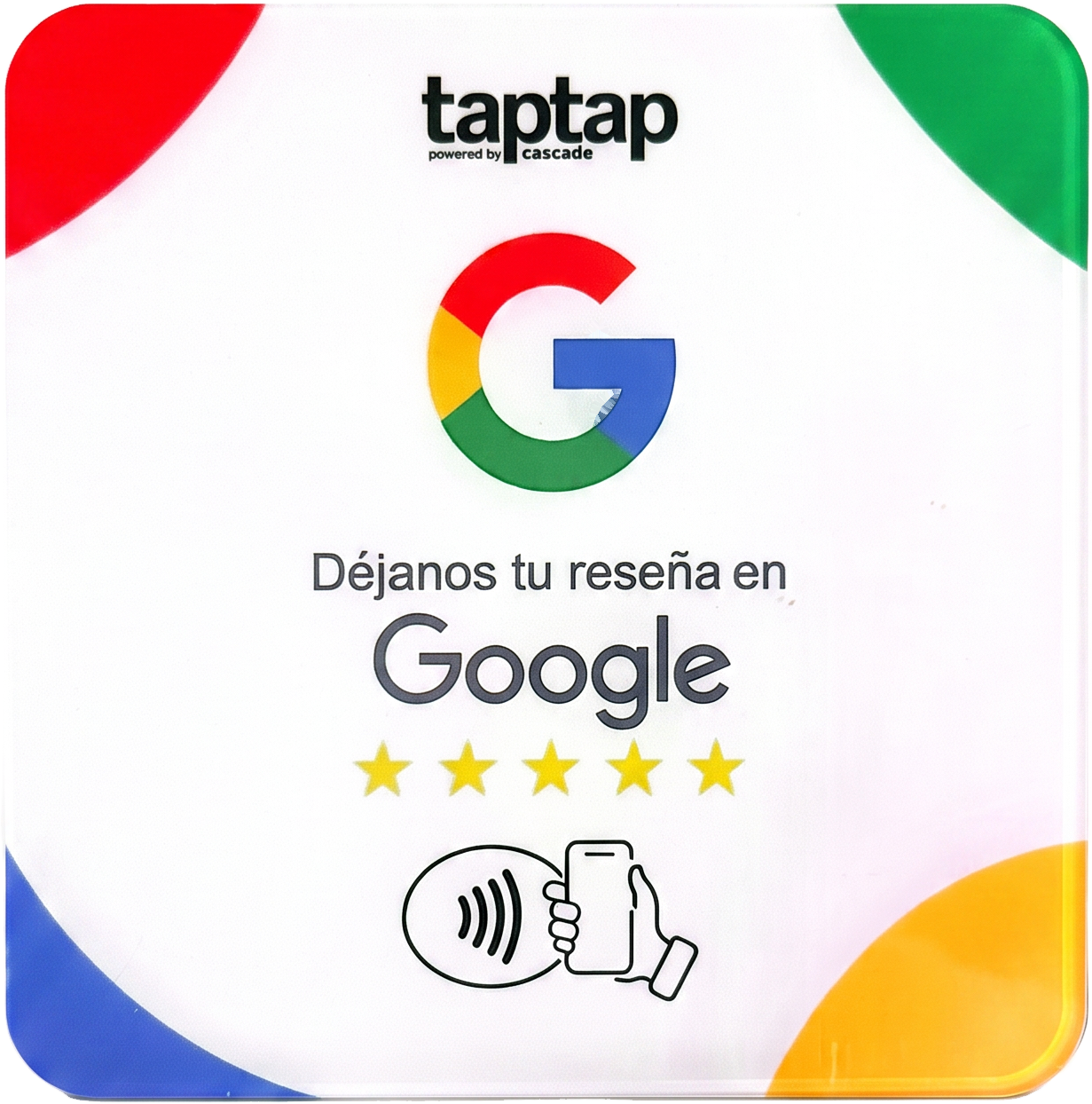 Tarjeta taptap con logotipo de Google, estrellas y gráfico NFC